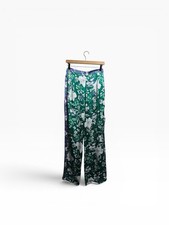 MNG Mango Satin Floral Garden Wide Leg Pants Green Purple Womens Medium Trousers