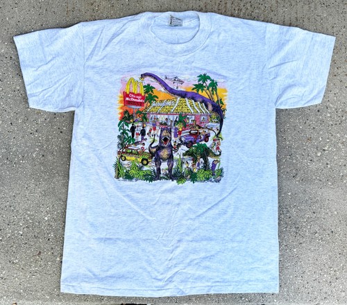 Vintage 90s Jurassic Park Movie Dinosaur McDonalds Mens T Shirt Adult L Gray - Picture 2 of 17