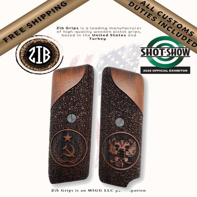 ZIB Grips Brown Beech Tokarev M57 Grips USSR & Russian Crest, Lanyard Cut Option
