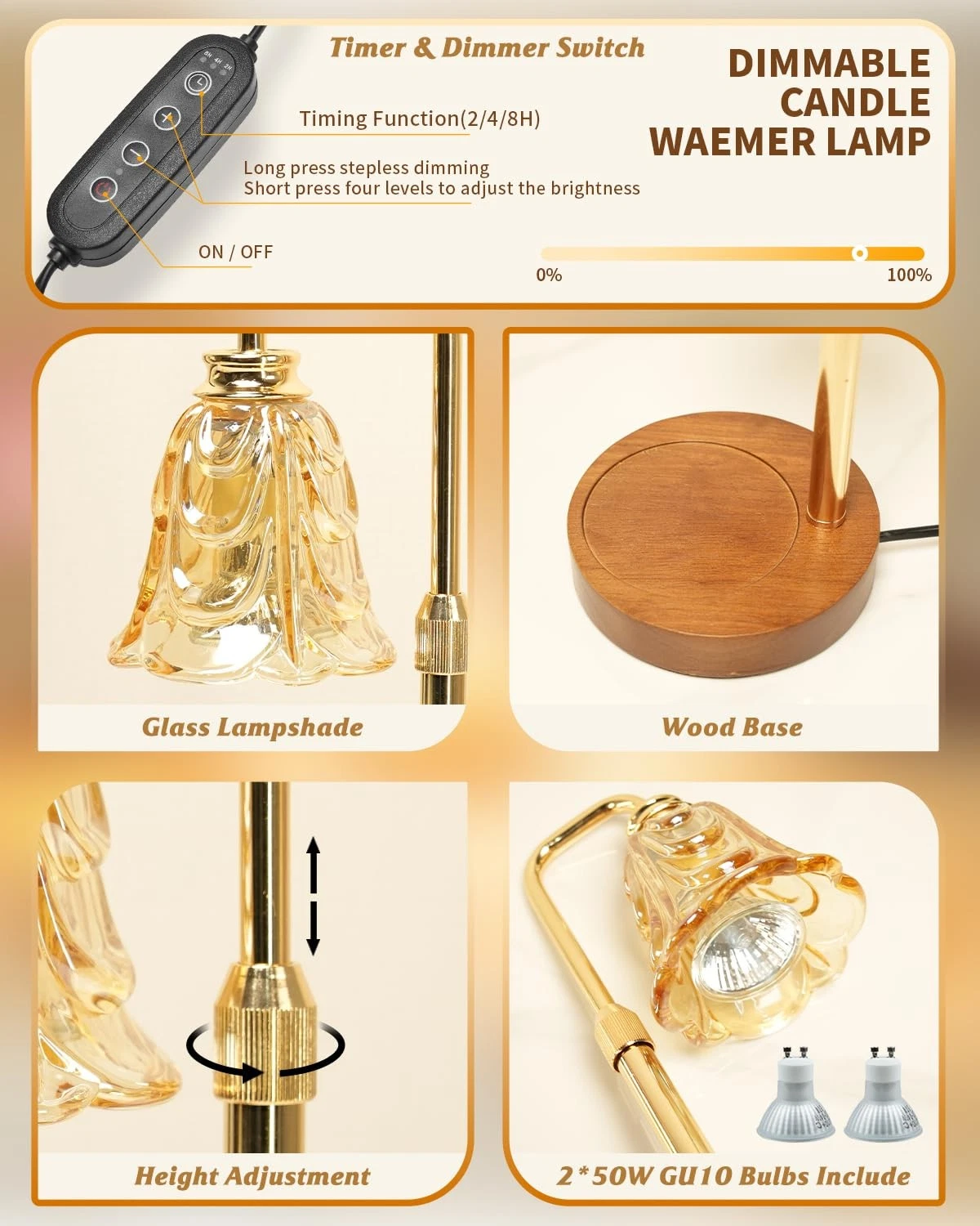 SupBri Candle Warmer Lamp with Timer, Gold Tulip Adjustable, Tulip-Gold image 3
