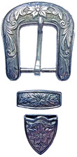 Antique Old Used 3 Piece Western Silver Tone Belt Buckle Set for 1" belt