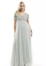 Maya Maternity Bridesmaid short sleeve maxi tulle dress sage green Cost £90