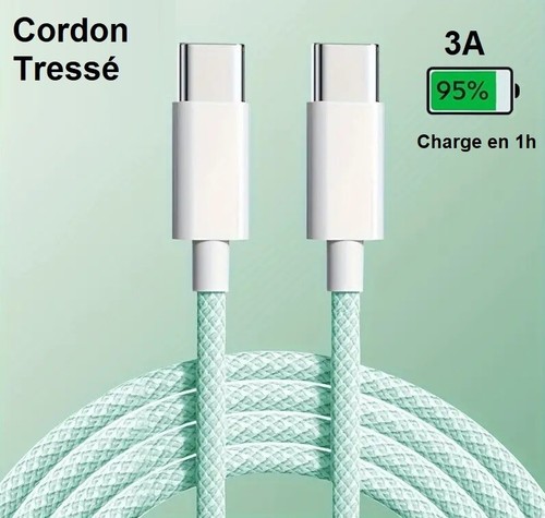 Câble Type C Transfert Charge Rapide 60W Synchronisation Rapide 3A Vert 1,50m - Photo 21 sur 24