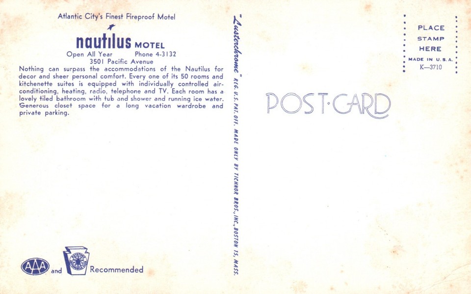 Postcard NJ Atlantic City New Jersey Nautilus Motel Unposted Vintage PC