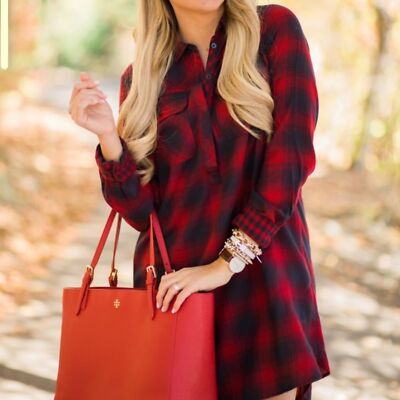 red check shirt dress New with Tags - Size XS - Women's Buffalo Check Long Sleeve Utility Midi Shirt Dress