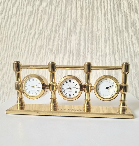 Vintage Heavy Solid Brass Triple Guage Clock Desk Hygrometer Weather Station - Picture 3 of 14