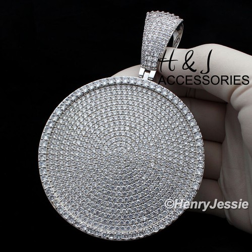 MEN 14K WHITE GOLD PLATED ICY BLING CZ OVERSIZE HEAVY SILVER ROUND PENDANT*ABP11 - Picture 2 of 5