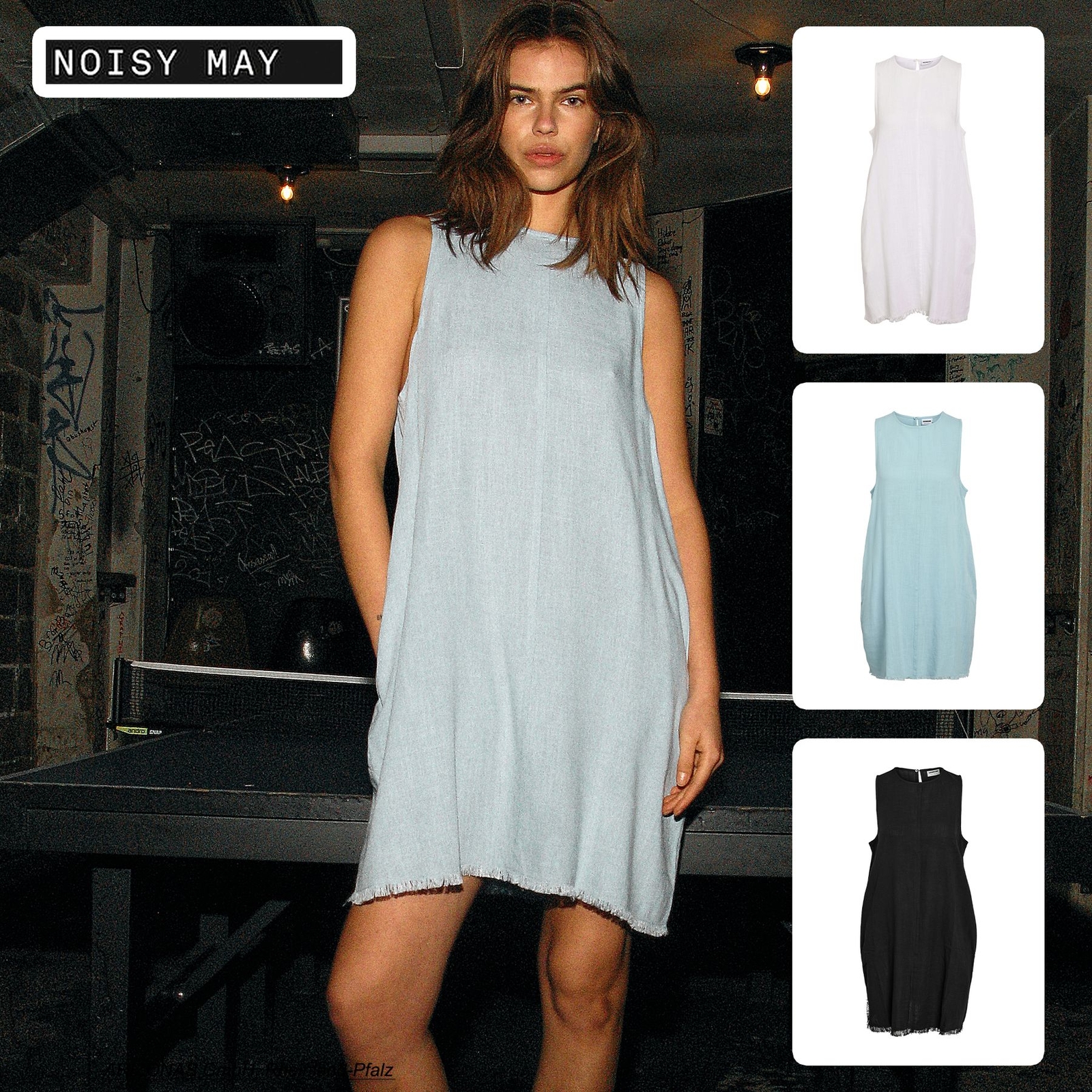 Noisy May Vestido sin mangas de lino con detalle de flecos y cuello redondo.