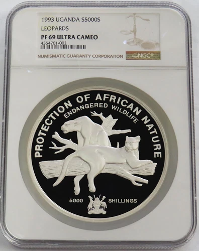 1993 SILVER UGANDA 5000 SHILLINGS LEOPARDS 1/2 KILO NGC PF 69 ULTRA CAMEO