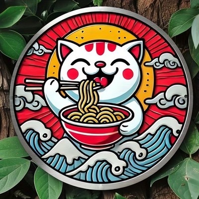 Japanese Lucky Cat Eating Ramen Tin Metal Signs Home Décor 8x8 