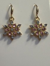 New Gold Toned Pink Gray White Crystal Christmas Snowflake Fashion Earrings
