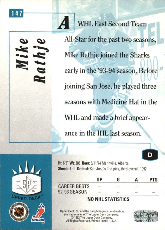 1993-94 Upper Deck SP Inserts #147 Mike Rathje - HKY - Image 2 of 2