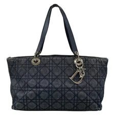 Auth DIOR/ChristianDior Cannage Stitch Navy Denim Leather Tote Bag