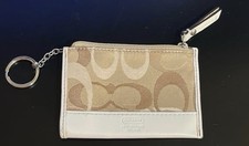 Coach Signature Leather Zip ID/Document Holder Keychain Wallet Beige/White
