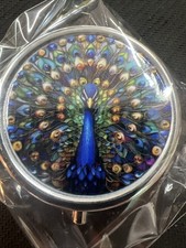 PILL BOX POT PEACOCK METAL ROUND MEDICINE COLLECTABLE UK SELLER