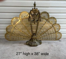 Vintage Brass Peacock Fireplace Screen Foldable Art Deco
