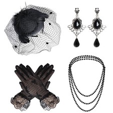 4Pcs Fascinators Hat and Gloves for Women Black Pillbox Hat with Veil Tea Par...
