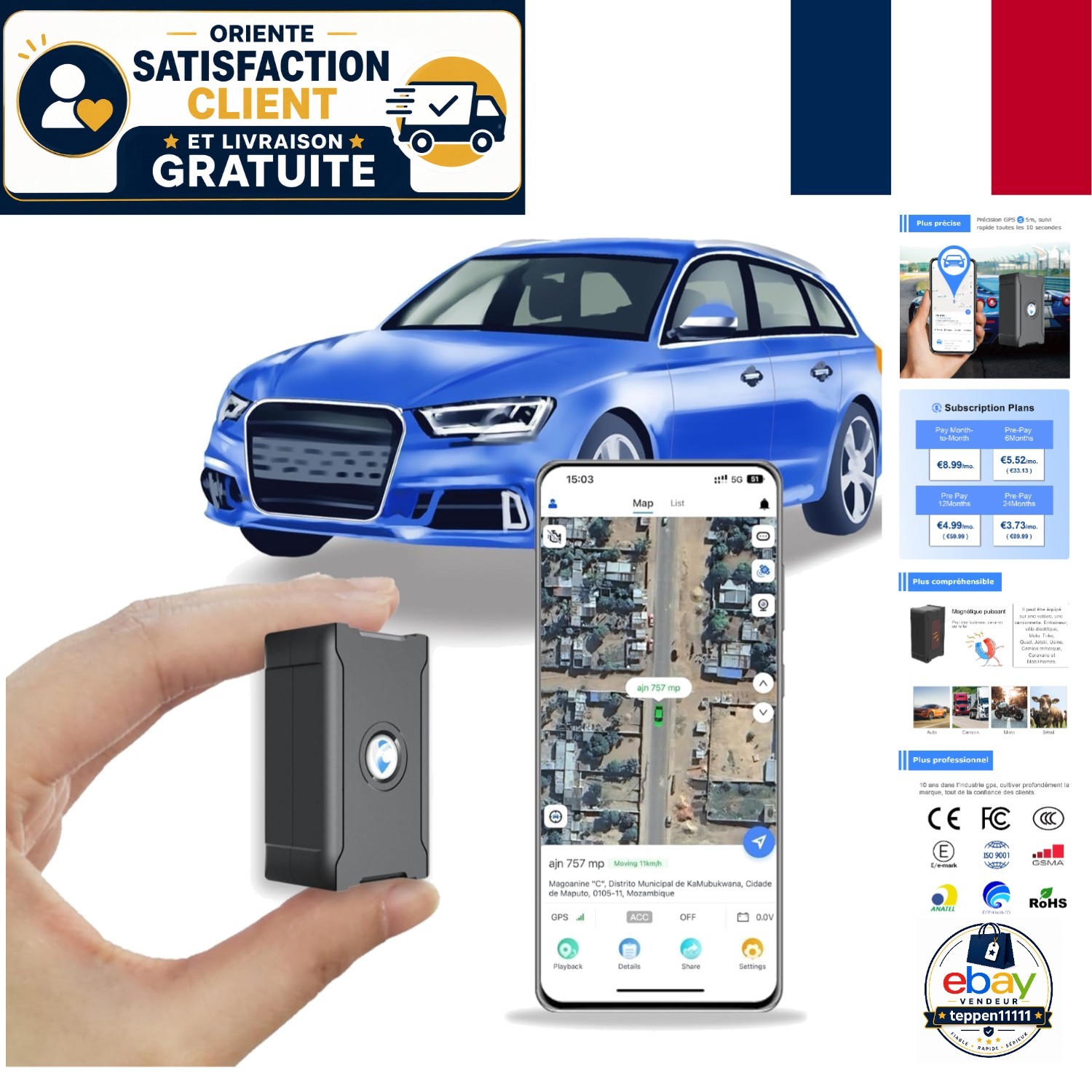 Dispositif de Localisation Voiture Étanche Aimanté Traceur GPS Moto Universel