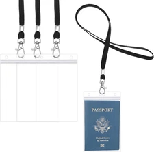 3 Pack 4x6 Inch Clear Passport Holders with Lanyards Waterproof PVC ID Badge Cov