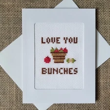 Completed Finished Cross Stitch Love You Bunches Apple Basket Blank Note Card