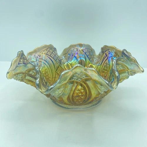 Vintage Imperial Smoke Irideescent Carnival Glass Bowl Diamond Ring Ruffled Edge