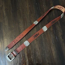 Vtg Full Grain Latigo Leather Belt Concho Accents Western Tooled Silver 40”