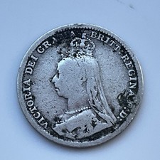 1891 Great Britain Victoria  Sterling Silver Threepence 0.925 Silver