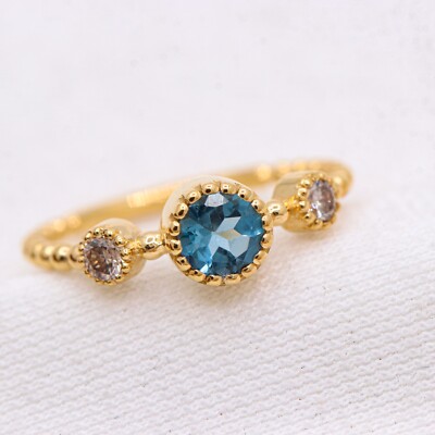 Natural London Blue Topaz & Diamond Milgrain Ring, 14k Yellow Gold Beaded Ring