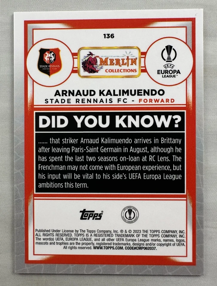 Arnaud Kalimuendo 2022-23 Topps Merlin UEFA Orange Mojo Refractor RC #/25 Stade - Image 2 of 2