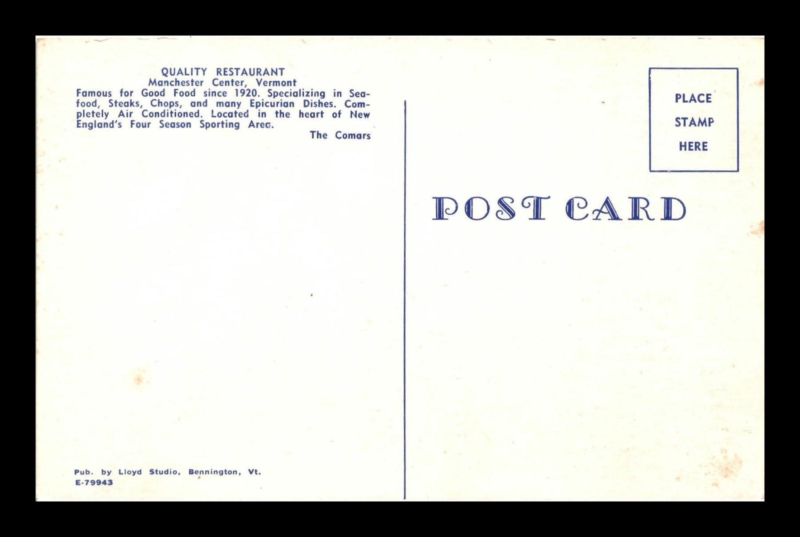 POSTCARD QUALITY RESTAURANT MANCHESTER CENTER VERMONT UNPOSTED eBay