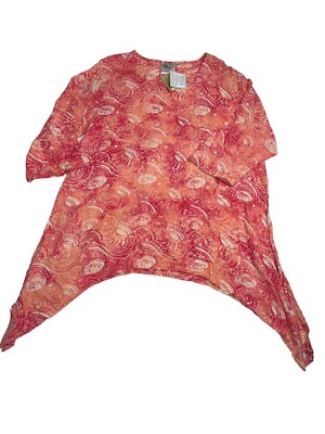 Reds Threads Hand Batiked Red Top Dipped hem Rayon Shirt XXL