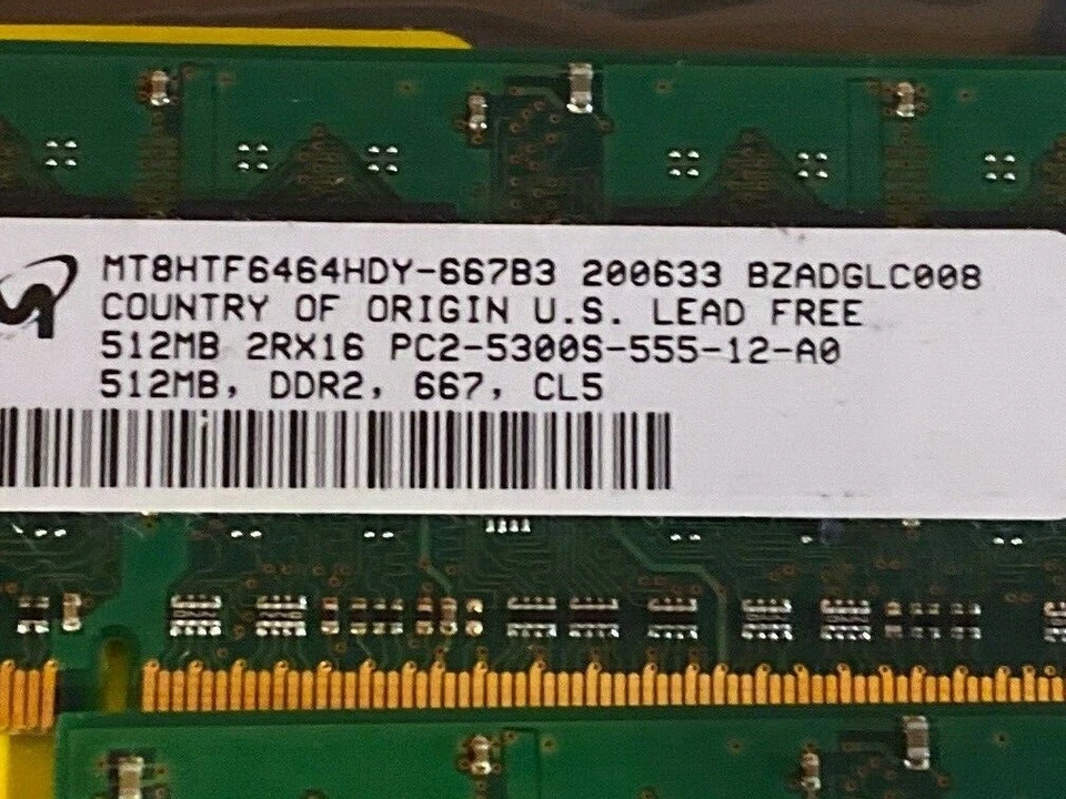 Micron 1GB 2x512MB PC2-4200S DDR2 RAM Laptop Memory Module MT8HTF6464HDY-53EB3 - Image 2 of 2