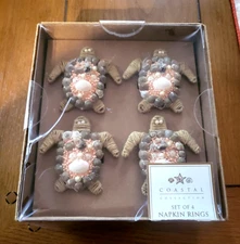 Coastal Collection Napkin Rings Sea Turtle Seashells Pearls Jute Set of 4