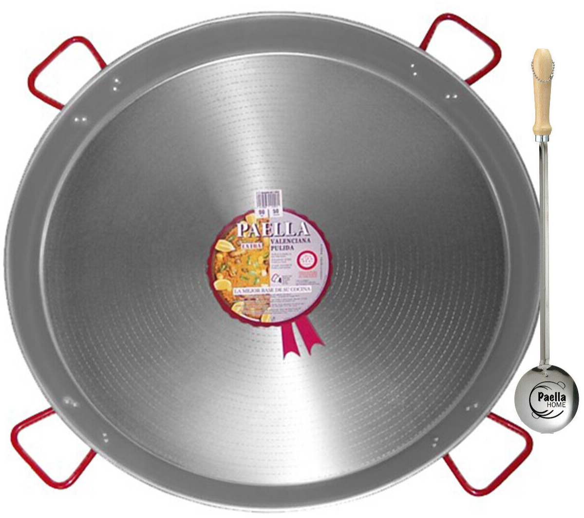 100cm PAELLA PAN PROFESSIONAL & CATERING POLISHED STEEL & STAINLESS SPOON