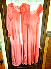 Vtg Shadowline Peignoir Robe Nightgown Long Set Medium M PINK Nylon Coral Pink