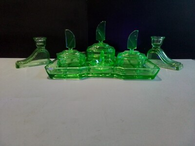 Art Deco Uranium Glass Vanity Dressing Table Set. | eBay