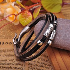 G233 Black Chic Silver Metal Beads Multi-Wrap Leather Bracelet Cuff Men's NEW