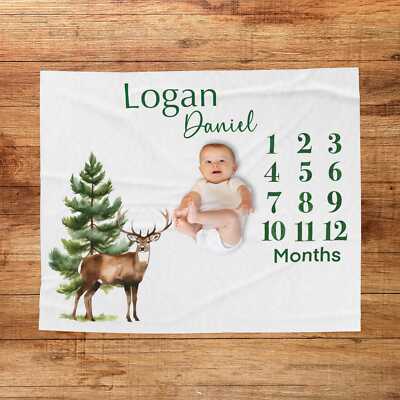 Personalized Baby Milestone Blanket Deer Design Custom Name Monthly Growth 
