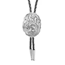 German Silver Engraved Floral Bolo Tie Adjustable 36 inch Black Cord Made in USA