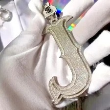 3.40Ct Round Cut Real Moissanite J Letter Men's Pendant 14K White Gold Plated