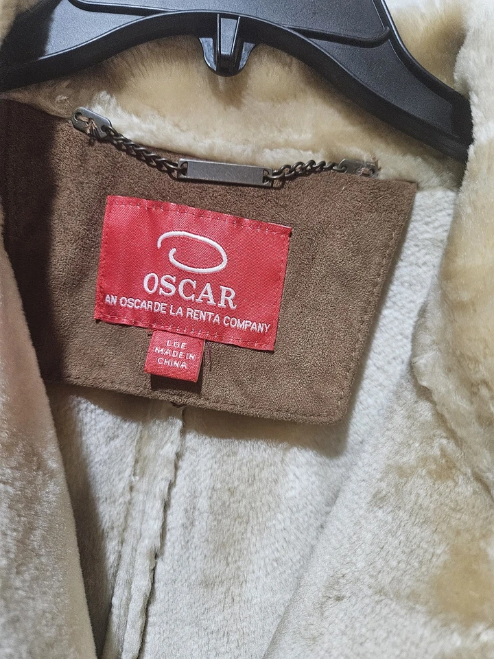 Chaqueta básica Oscar de la Renta para mujer grande marrón gamuza piel sintética forrada Foto 3 de 4