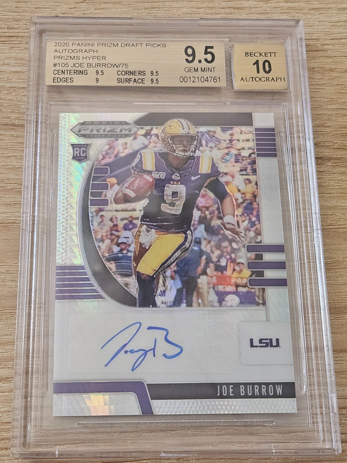2020 Panini Prizm Draft Picks Joe Burrow Hyper Prizm /75 RC Auto BGS 9.5
