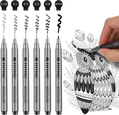 Micro Fineliner Drawing Art Pens: 6 Black Fine Line Ink Set Artist 