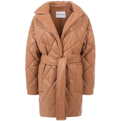 Stand Studio Maxim Jacket Quilted Faux Leather Coat Belted Tan Brown 38 Medium