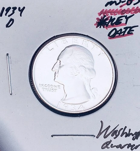 1934-D BRILLIANT UNCIRCULATED KEY DATE!  U.S. WASHINGTON QUARTER.