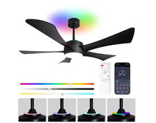 52" RGB Black Ceiling Fan with Light Remote Control 6-Speed Downrod Mount