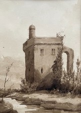 Quadratischer Turm, brauner Tintenwasch, antike Zeichnung, 19. Jh.