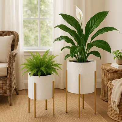 11 In. and 14 In. White Metal with Stand Planters (Set of 2)