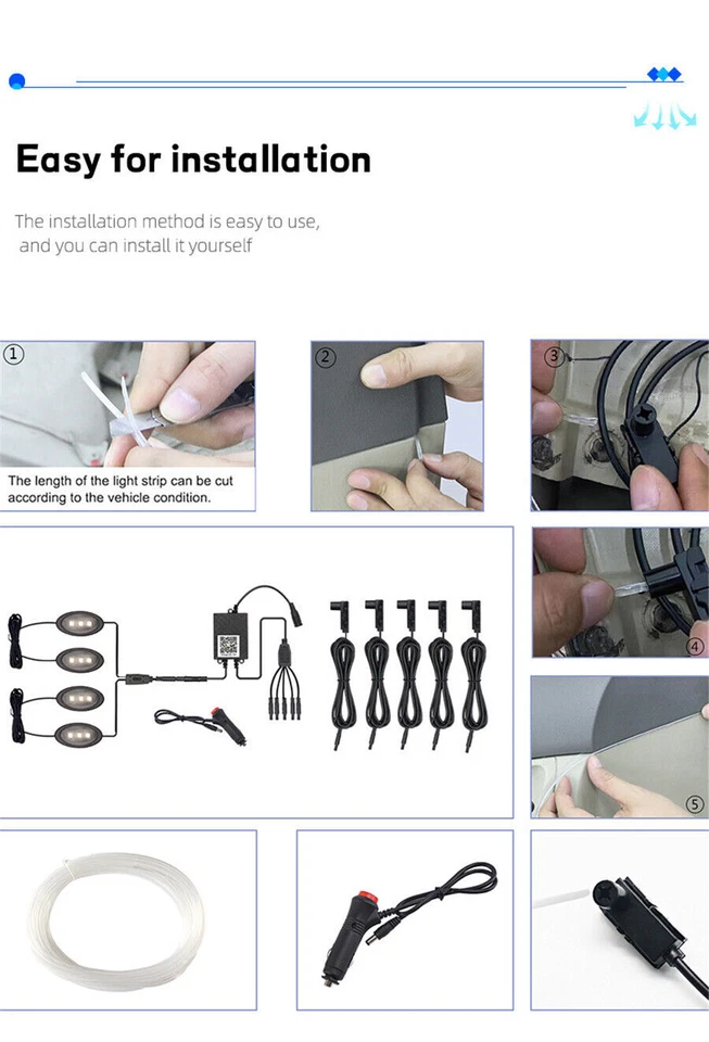 Lámpara de atmósfera LED RGB 10 en 1 luz de decoración de interiores de automóviles banda de fibra óptica de 5M hágalo usted mismo Foto 3 de 4