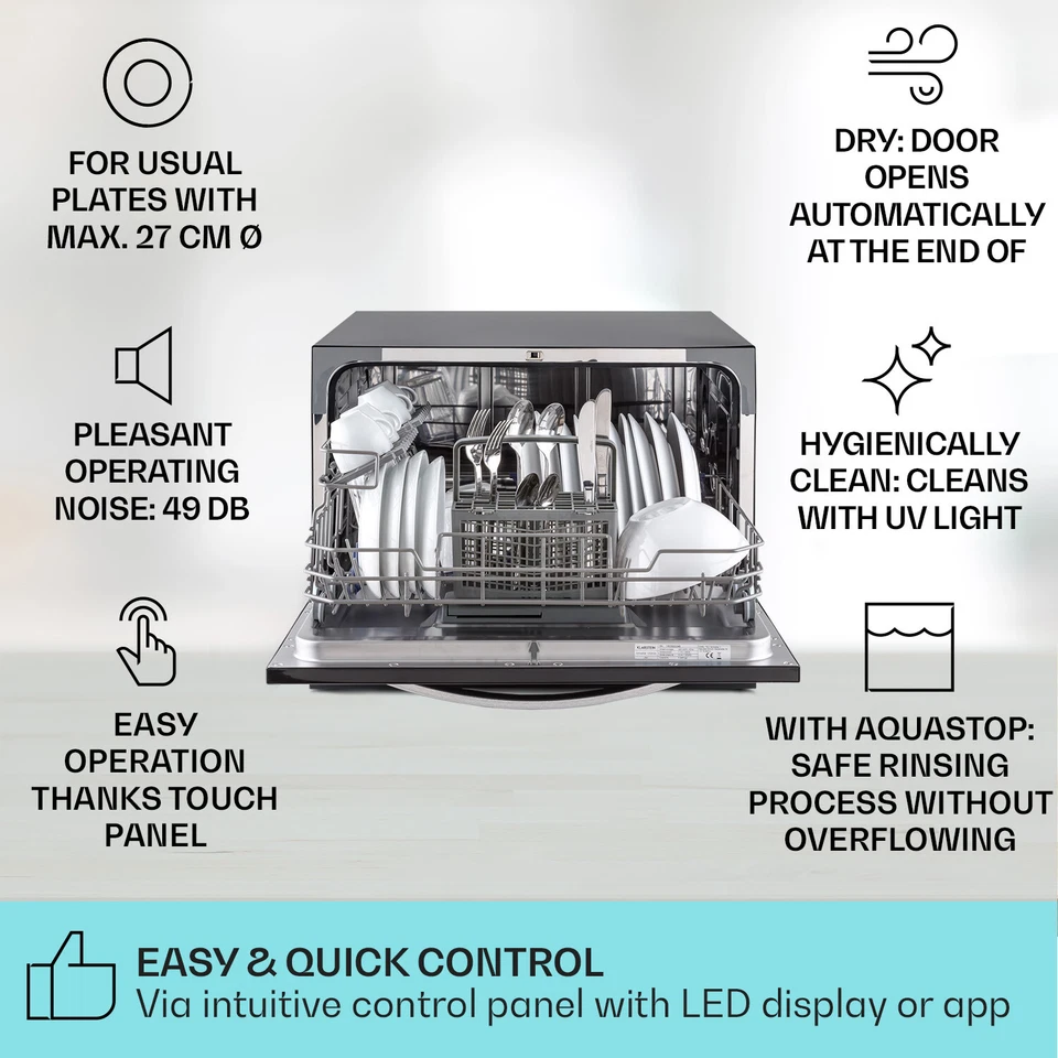 Lavavajillas independiente luz UV lavavajillas 6 programas frontal cristal negro - Imagen 2 de 4